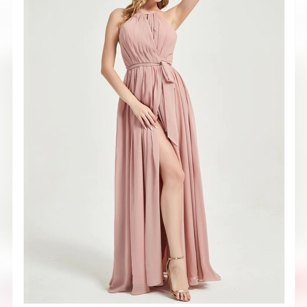 Pomyuoo Halter Neck Slit Wrap Dusty Pink Chiffon Bridesmaid Dress
